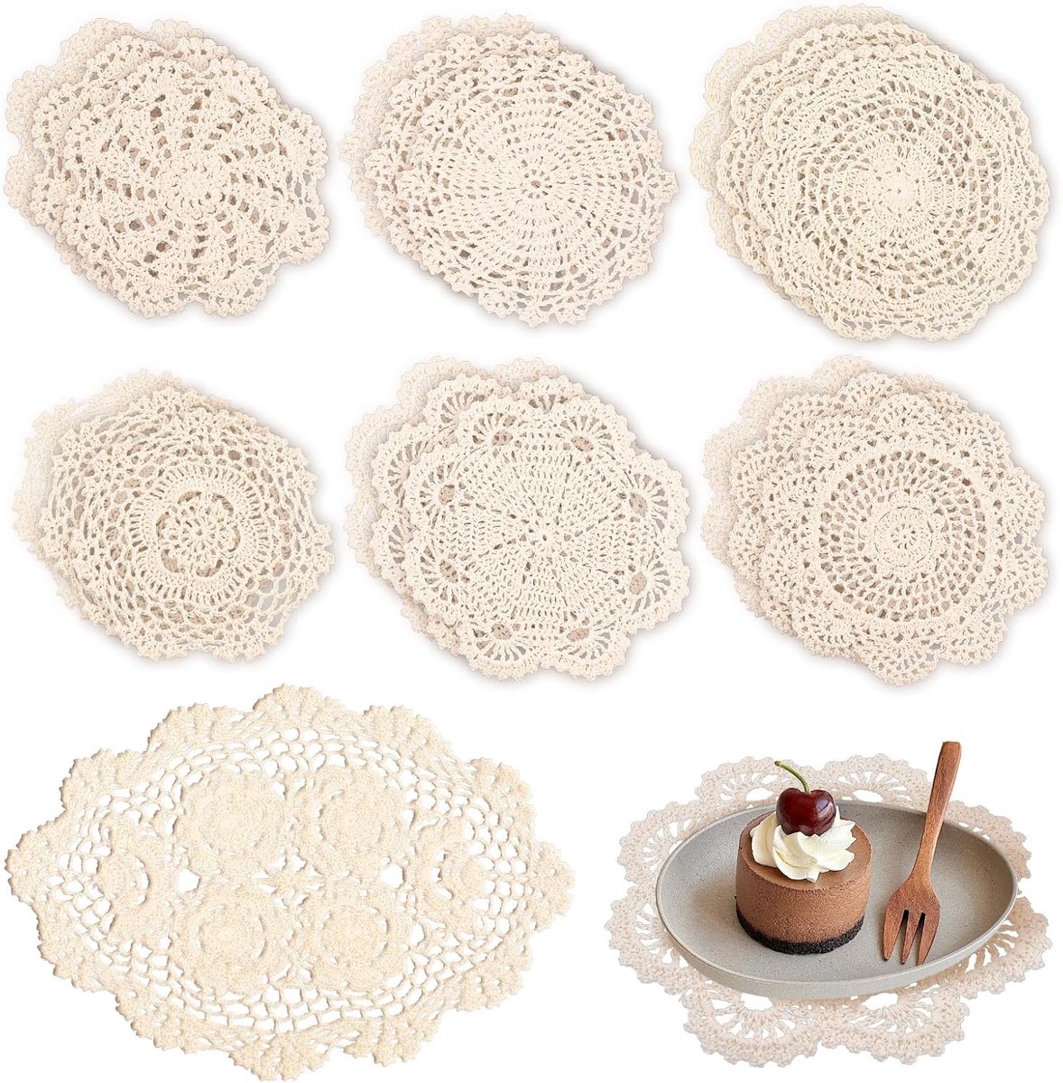 Gehaakte kanten doilies, 19 stuks vintage beige katoenen kanten onderzetters stoffen placemats voor tafels keuken eetkamer bruiloft decoratie