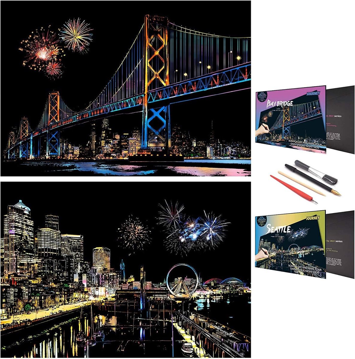 Art Schilderen Papier Set voor Volwassenen en Kinderen, Landmark Building City Series Nachtscène, Scratchboard Creatief Cadeau DIY Folie Graveren Ambachten met 4 Gereedschap (A3-Seattle