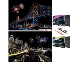 Art Schilderen Papier Set voor Volwassenen en Kinderen, Landmark Building City Series Nachtscène, Scratchboard Creatief Cadeau DIY Folie Graveren Ambachten met 4 Gereedschap (A3-Seattle
