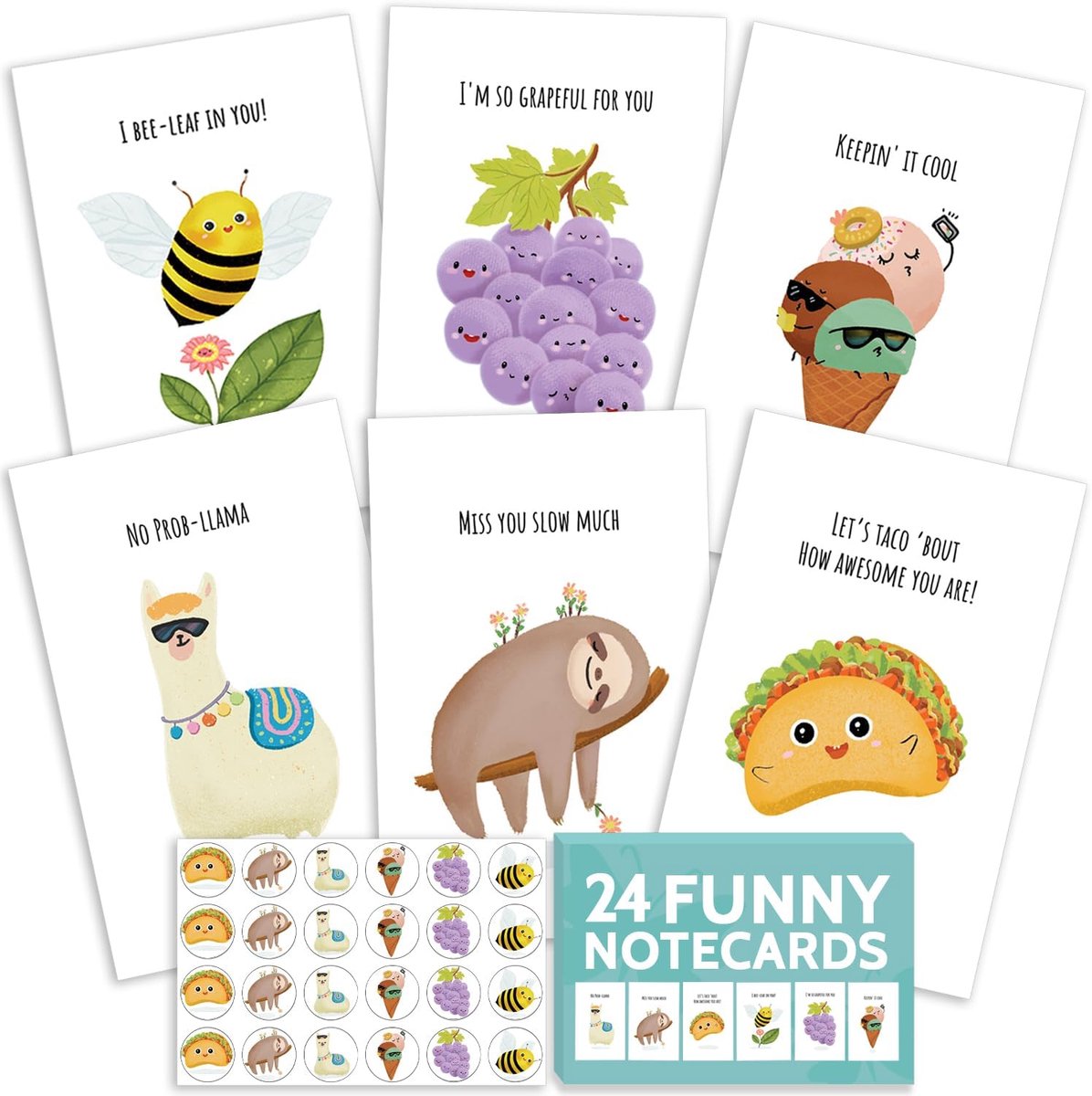 24 grappige notitiekaartenset, Punny Puns Thinking of You Notecards Pack voor vrienden, kinderen, studenten, zeg hallo, bedankt of ik mis je met hilarische dieren en voedsel cartoon wenskaarten en