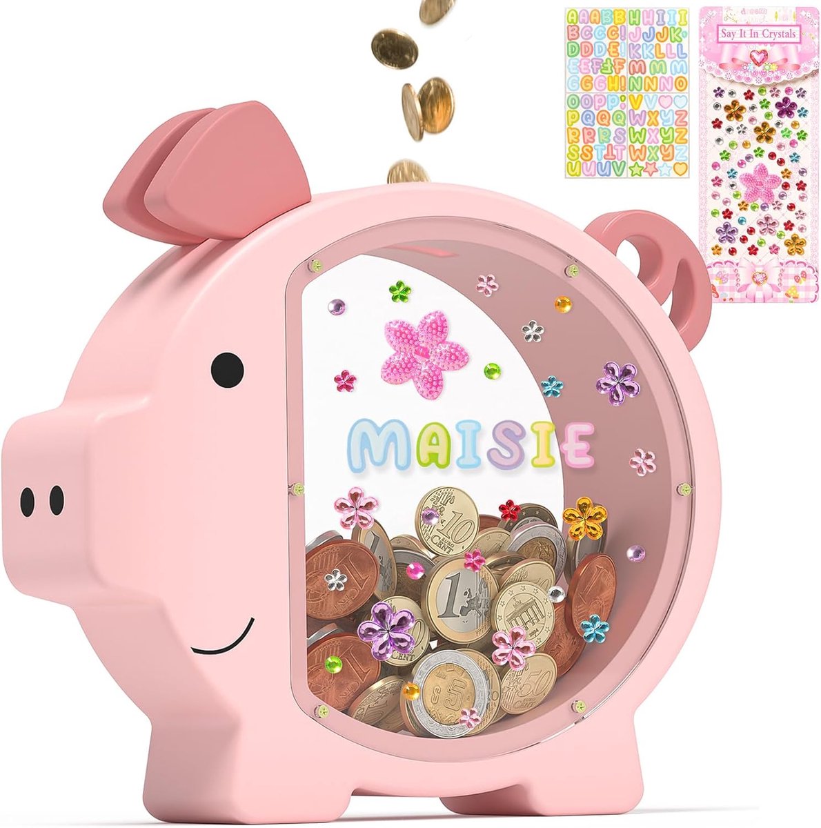 Roze Piggy Bank voor kinderen meisjes,Grote houten varken geld