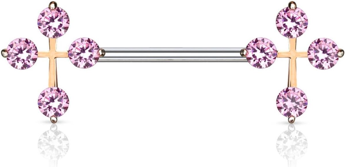2 zirkonia kruis tepelpiercing roestvrij staal zilver roségoud goud staaf 1,6 mm 14 mm, Roestvrij staal roestvrij staal 316 liter, Zirkonia