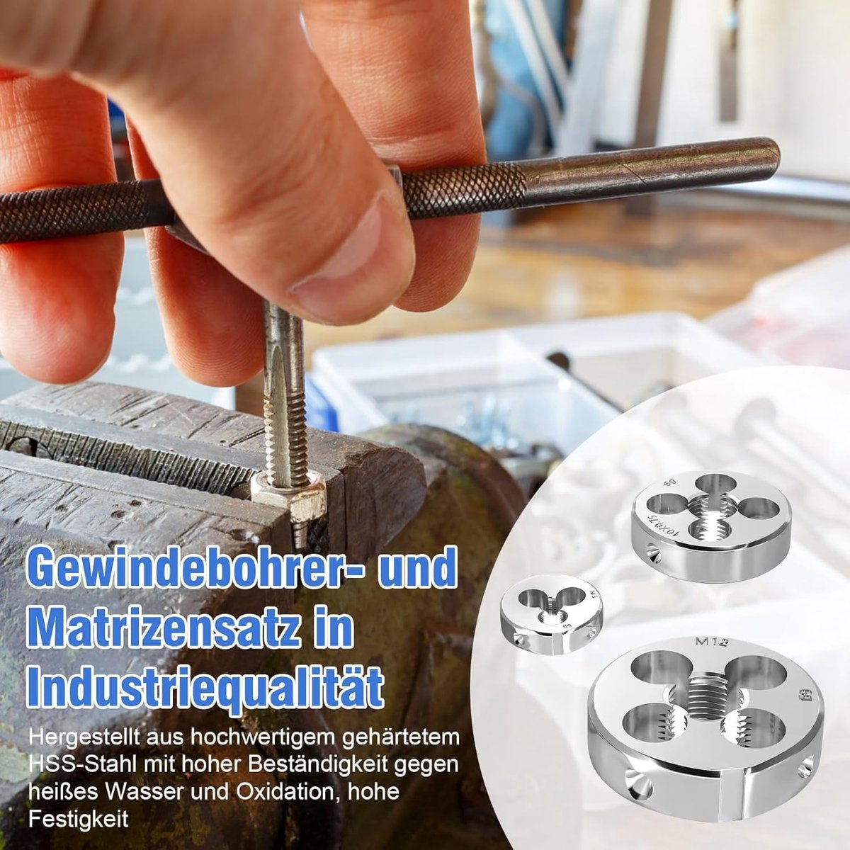 110 stuks kranen en matrijzen set, HSS hoog gehard staal M2-M18 schroef moer draad tap matrijzen set, multifunctionele precisie metrische kranen matrijzen set met sleutel handvat en