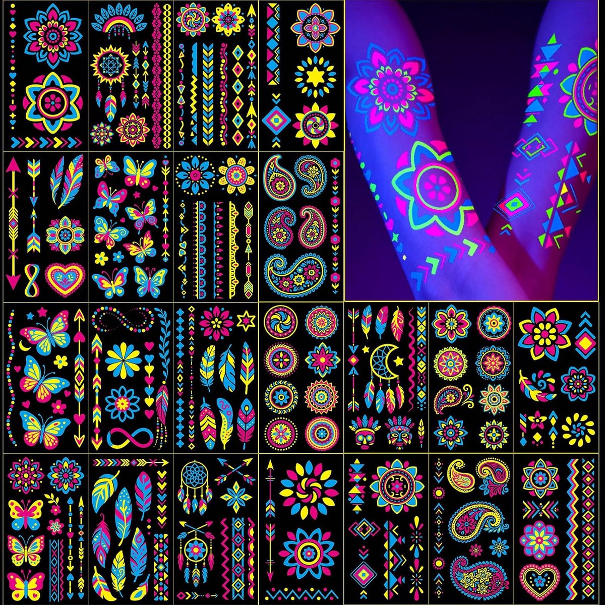 Tijdelijke tatoeages met uv-blacklight-effect, 192+ stuks op 32 vellen, neon lichtkleuren, boho-bloemen en vlinders, voor feestjes en festivals