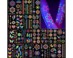 Tijdelijke tatoeages met uv-blacklight-effect, 192+ stuks op 32 vellen, neon lichtkleuren, boho-bloemen en vlinders, voor feestjes en festivals