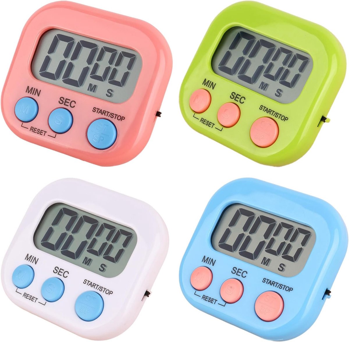 Set van 4 digitale keukenwekkers, magnetische korte wekker met lcd-display, grote cijfers voor koken en bakken, eierwekker met standaard (wit, blauw, roze, groen)