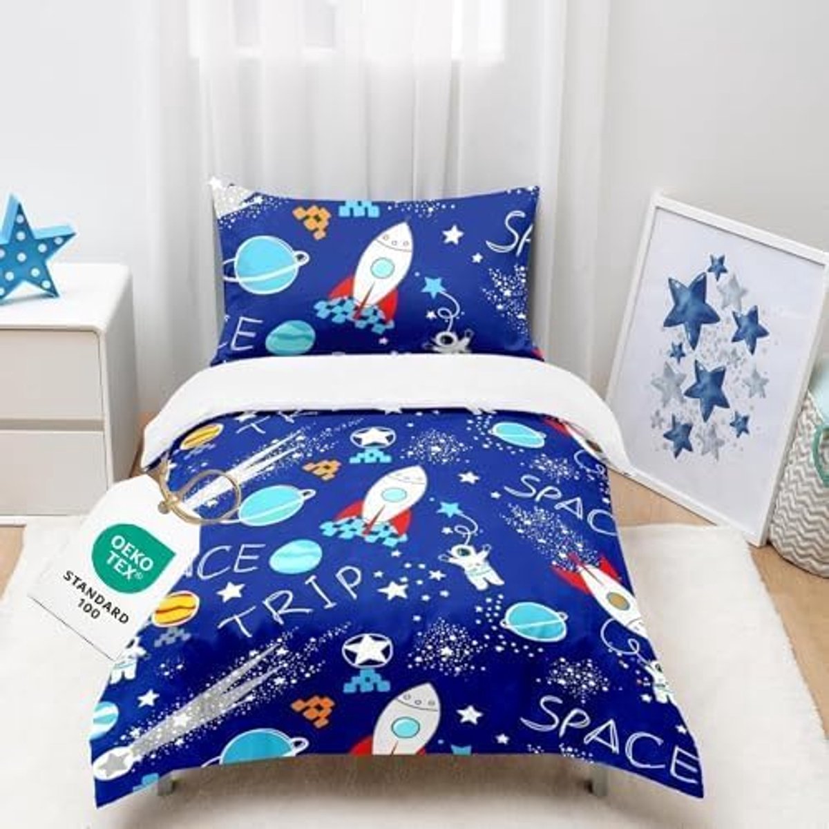 Ruimtemotieven raketten kinderbeddengoed 2-delig: dekbedovertrek 120 x 150 cm + kussensloop 40 x 60 cm, voor jongens, jongeren, kinderbeddengoedset met raketten, astronaut en planeten