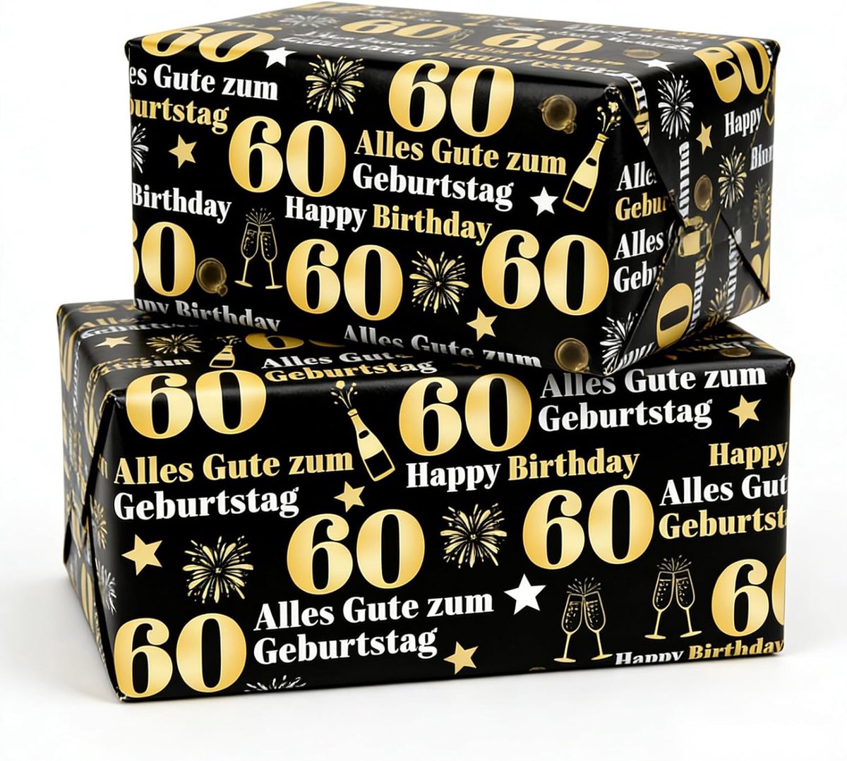 Cadeaupapier verjaardag set 60e verjaardag Inpakpapier Zwart Goud 75x51cm met dubbelzijdig plakband voor de 60e verjaardag, verpakking voor familiefeesten