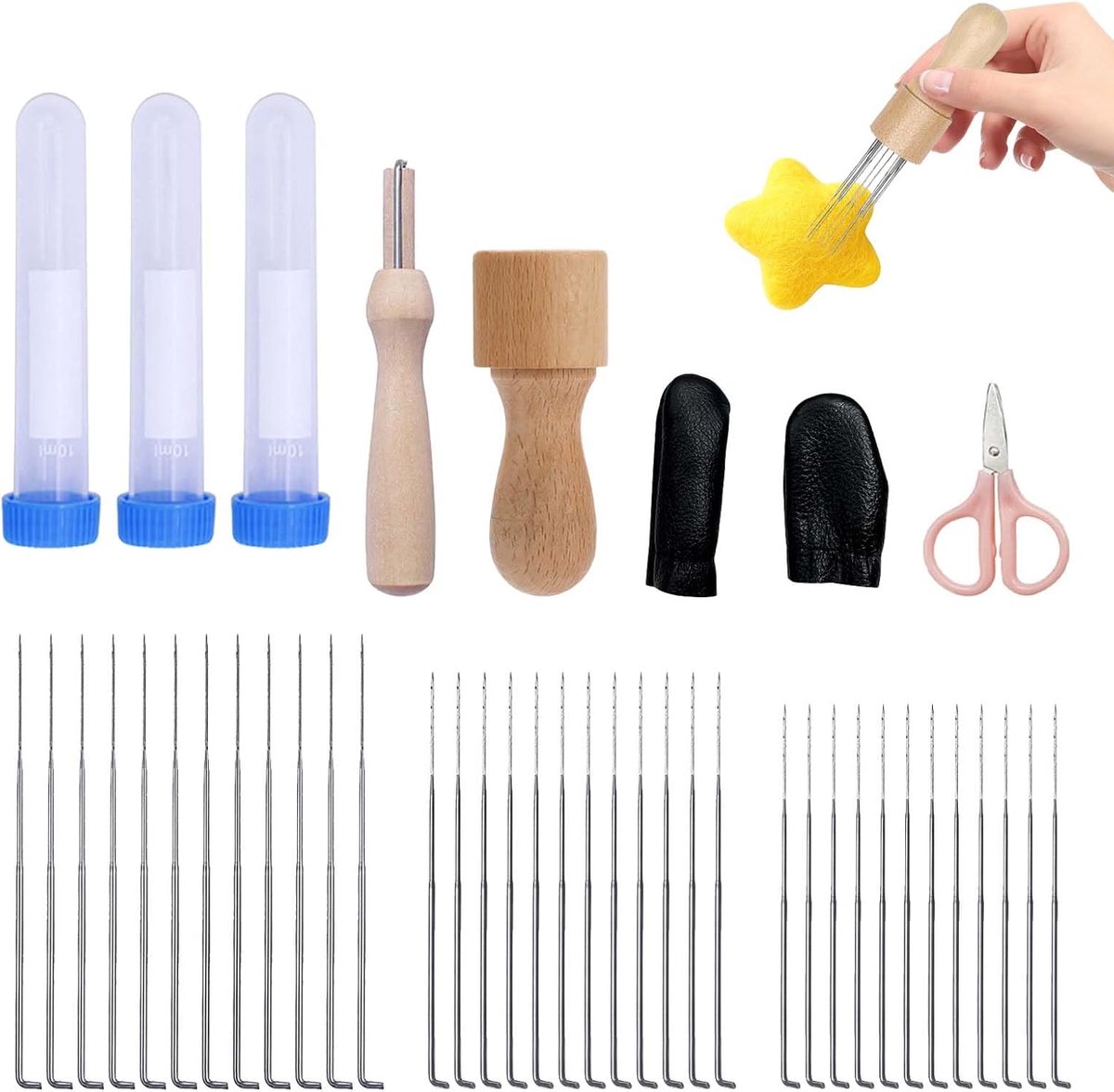 Set wolvilt gereedschap – 36-delige viltnaalden set met 2 houten handgrepen, schaar, leren vingerbeschermers – voor handwerk, hobby’s, viltcreaties