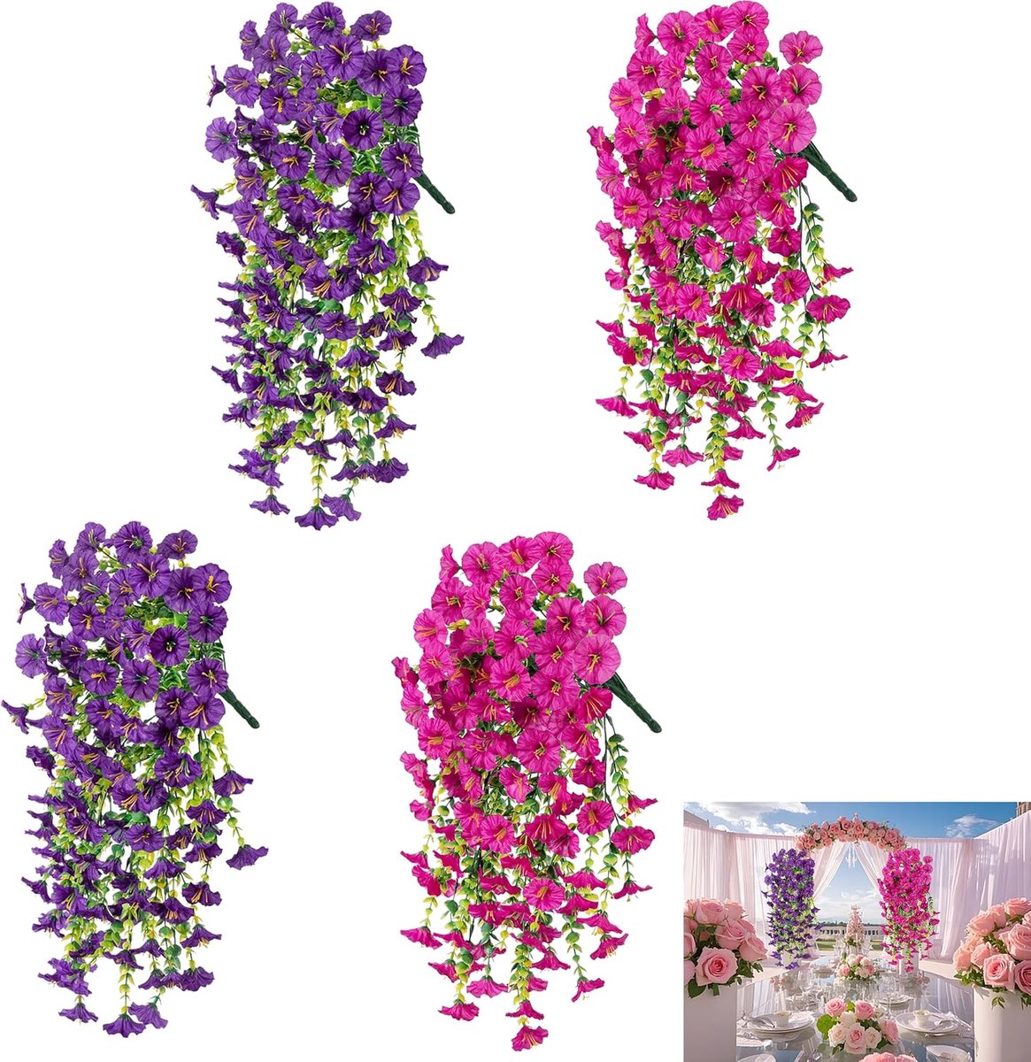 4 stuks kunsthangplanten, 75 cm, petunia, zijden bloemen, kunstbalkonplanten, kunstbloemen voor buiten, ziet eruit als echt en uv-bestendig, weerbestendig, voor huis, tuin, balkon (paars +