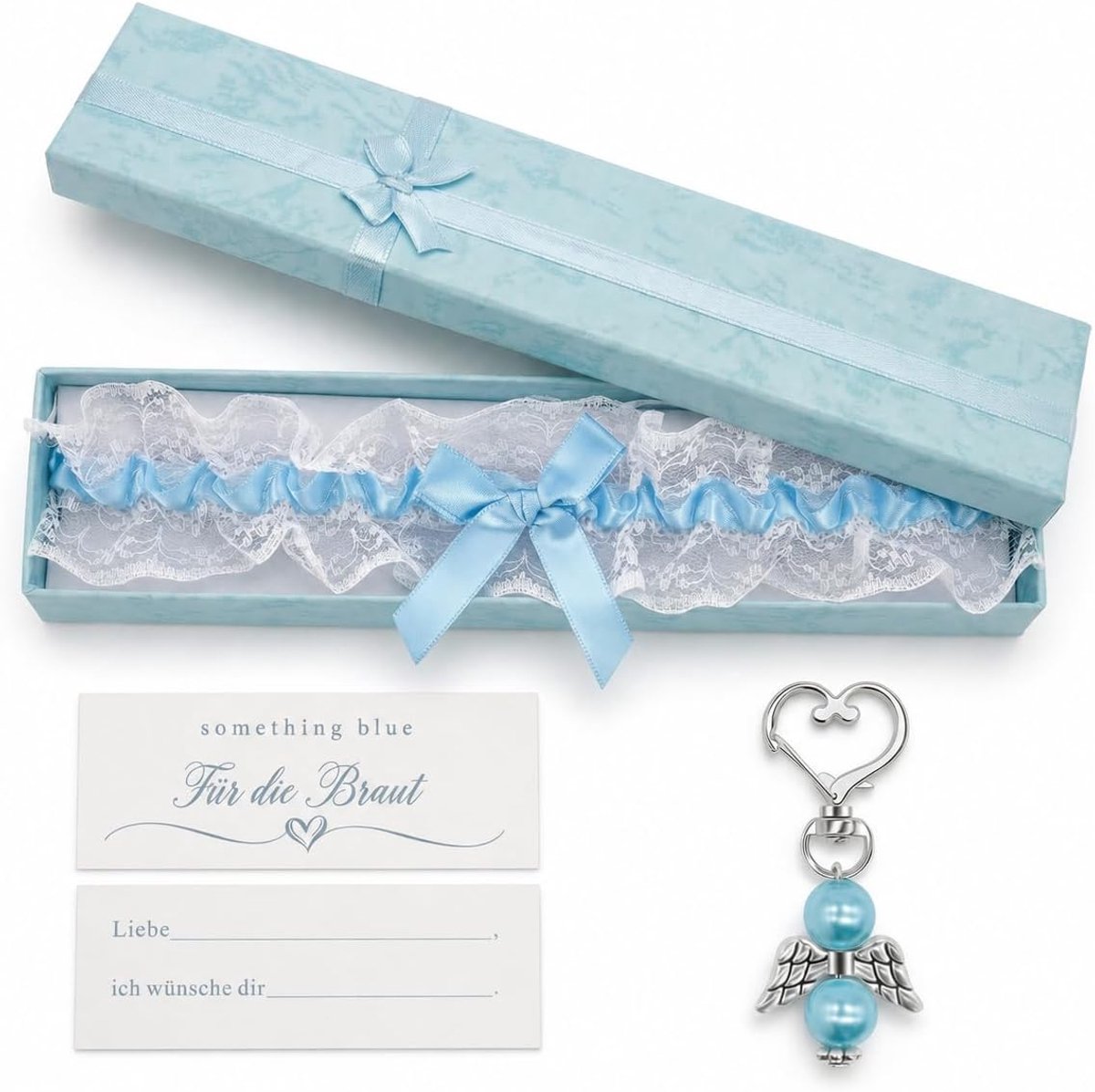 Jarretel voor bruiloft, blauw, EVJF accessoires voor dames, met wenskaart, doos en engelenvleugelhanger, cadeau voor toekomstige bruid voor vrijgezellenfeest