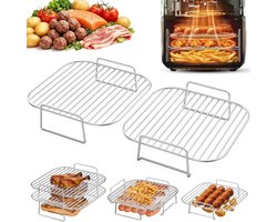 Grillrek, 2 Stuks Stapelbaar RVS Grillrek, Airfryer Accessoires, Grill rack Voor Cosori 5,5L/6L/6,4L, Philips 7,2, Ninja 6,2L, Russell Hobbs 5,5L en Andere Vierkant 5,5-8,3L Airfryer