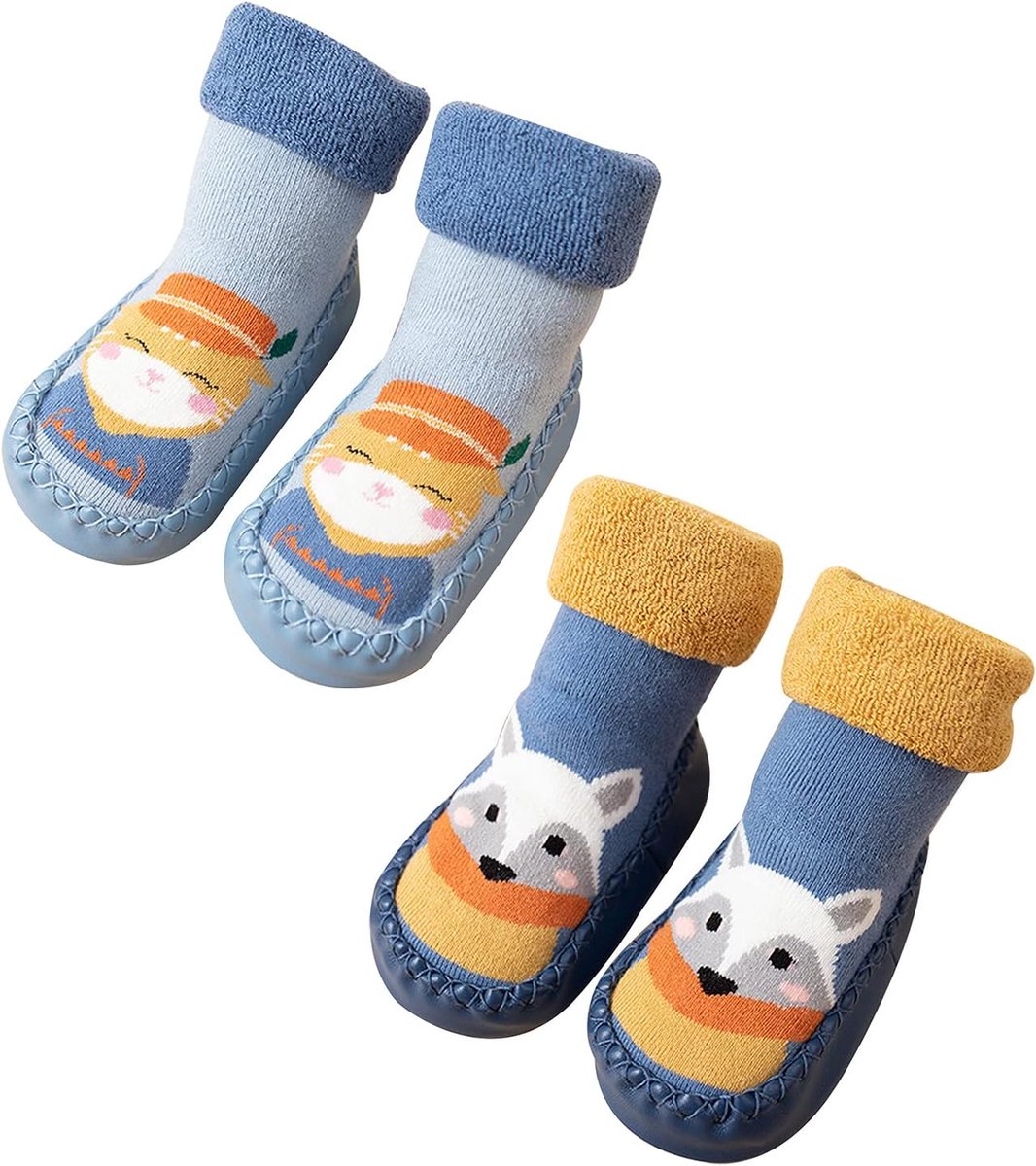 Baby Jongens Soksloffen Antislip met Badstof 2-Pak Kat & Blauwe Vos 23 EU (Fabrikant Maat 15)