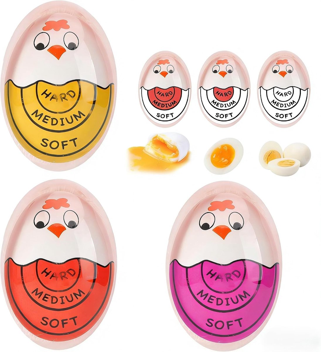 3 stuks eiertimer om mee te koken, eiertimer voor perfecte eieren (hard/medium/zacht), moderne eiertimer, veilig silicoon, grappige kippenvorm, kookei-timer voor gezinnen, school, restaurant