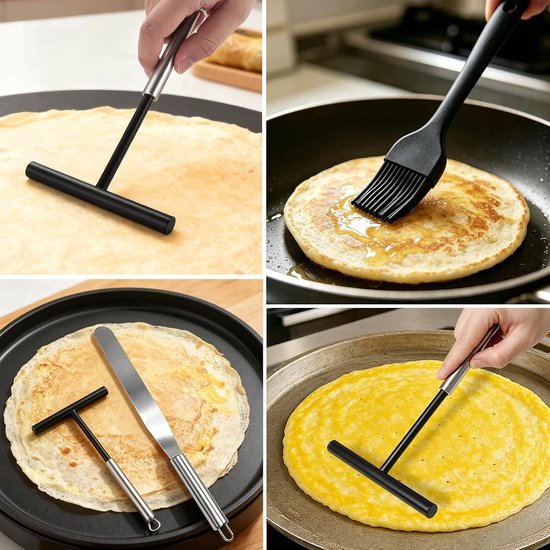 Verdeler set 3 stuks, T-vormige deegverdeler van roestvrij staal, spatel en kookkwast, voor gelijkmatig verdelen van pannenkoeken- en crêpedeeg, vaatwasmachinebestendig, keukenbakaccessoires — afbeelding 5