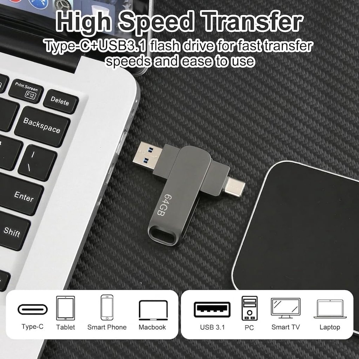 64 GB Dubbele USB 3.2 Gen 1 USB en Type-C Jump Drive Compatibel met PC, Smartphones, iPhone 15/16/17, MacBook en iPad USB-sticks Geschikt voor het opslaan van 16.000 liedjes/21.600 foto's/960 minuten