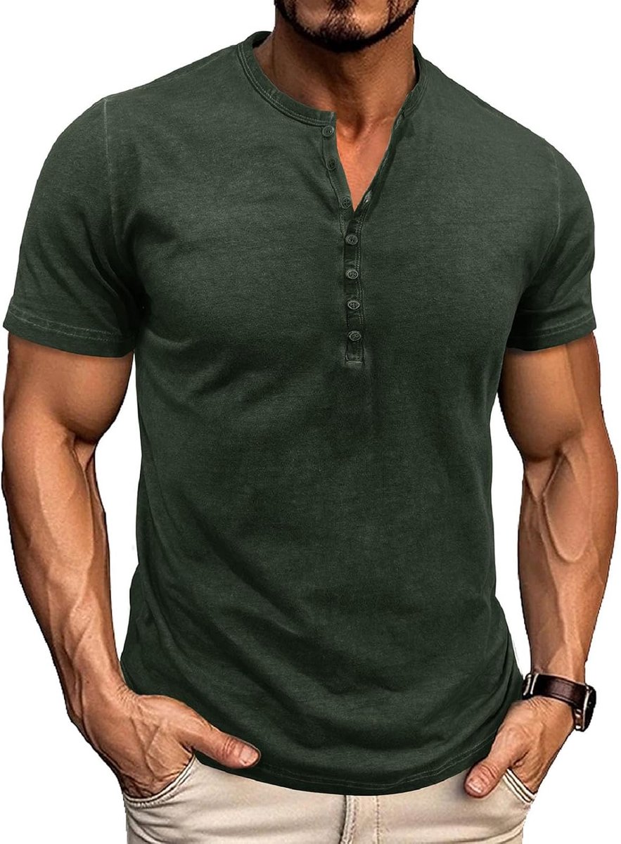 T-shirt voor heren, korte mouwen, zomer, t-shirts, V-hals, knoopsluiting, katoen, vintage, M-3XL