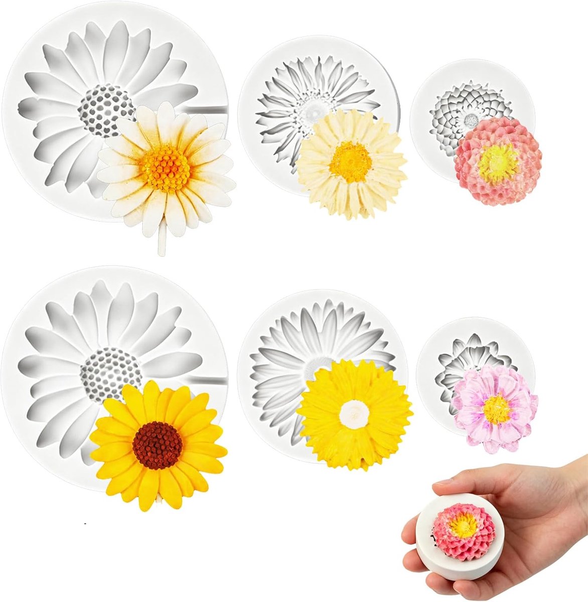Kaarsvormen set 6 stuks 3D bloemvormen zonnebloem madeliefje gietvorm voor kaarsen zeep DIY knutselen woondecoratie herbruikbaar grijs