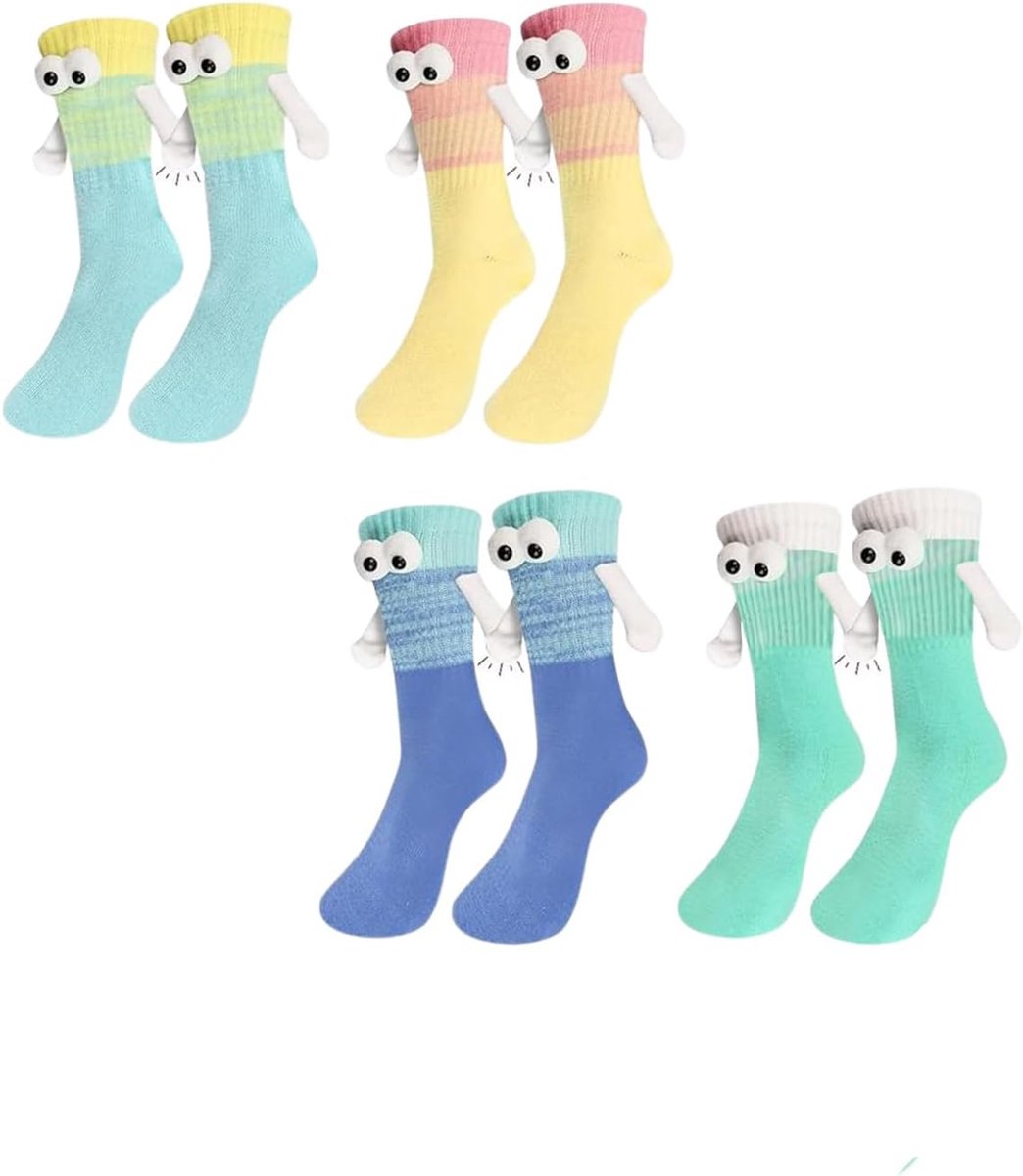 Sokken, 4 paar magnetische 3D pop paar sok nieuwigheid hand in hand vriendschap sokken grappige geschenken voor man vrouwen geliefden vrienden (Multi kleuren), Wit, 30