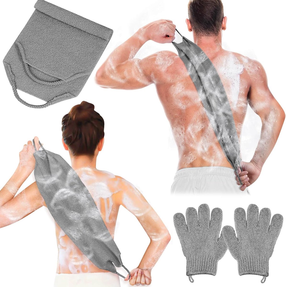 Exfoliërende rugscrubber met badhandschoenen, douchehanddoek en rugreiniger om dode huid te verwijderen (grijs)