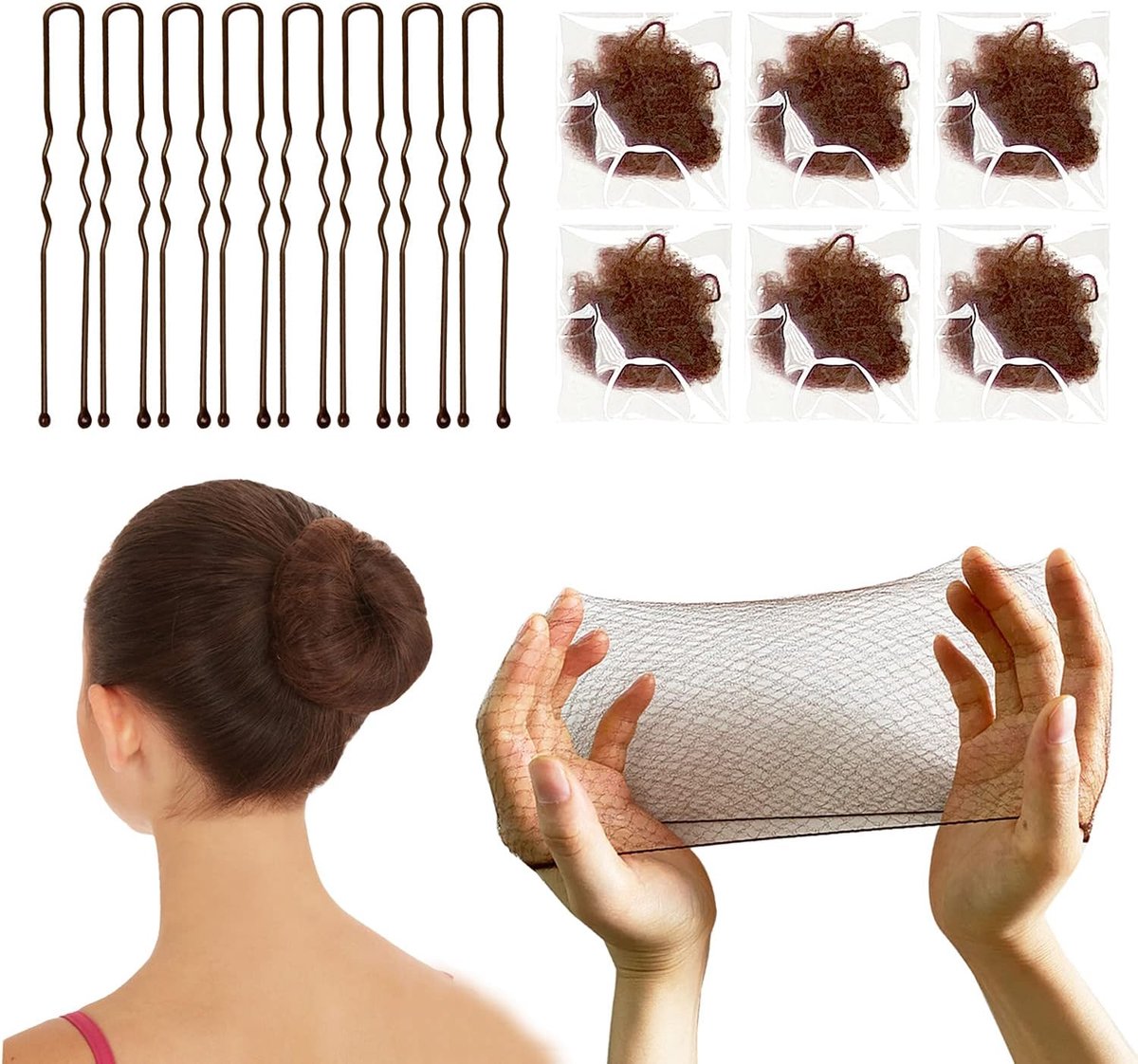50 stuks haarnetjes, onzichtbaar en 10 stuks haarspelden U-vormige set, onzichtbare netjes, knot voor balletdans, 50 stuks, bruin