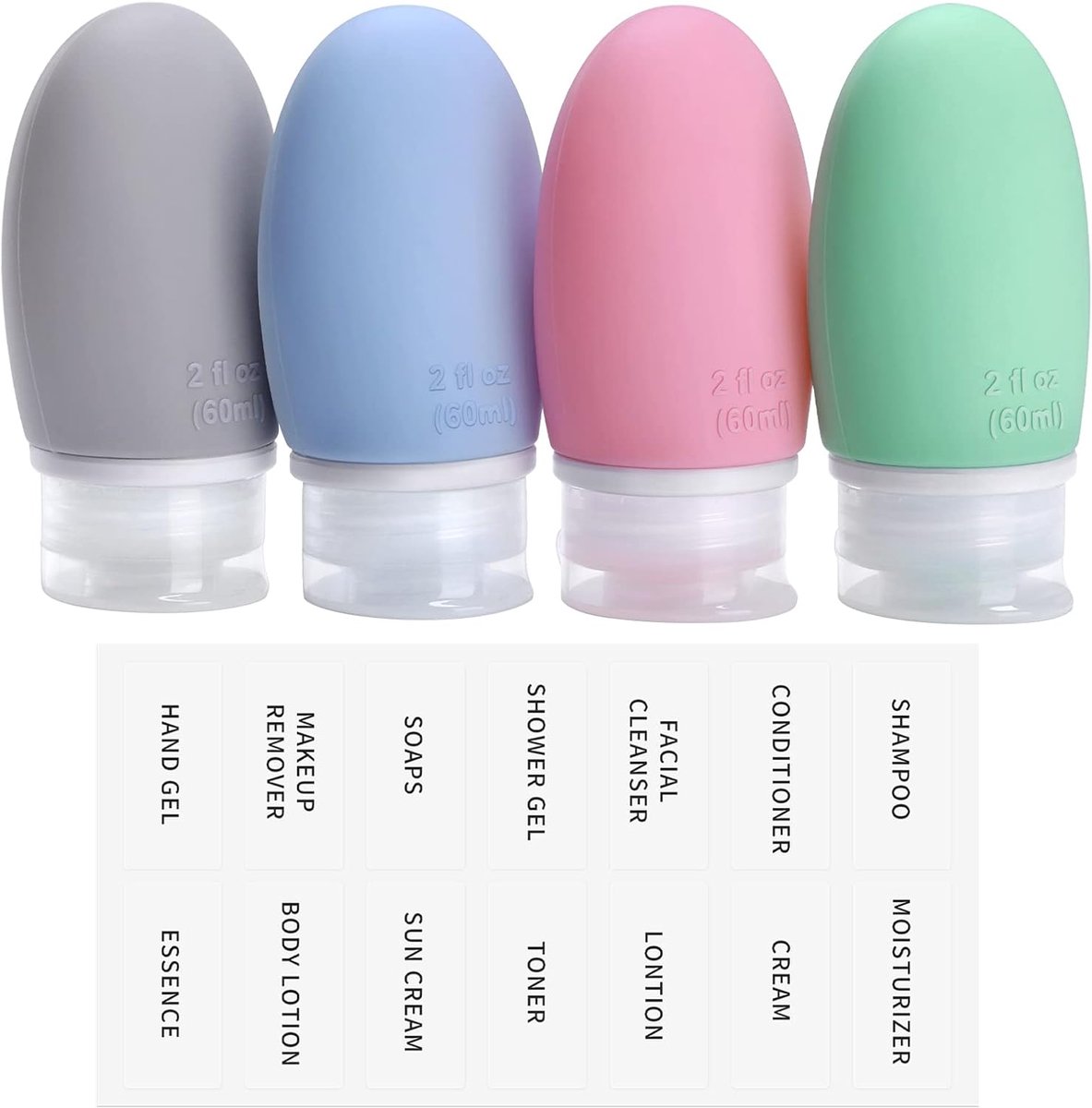 Set van 4 siliconen reisflessen, 60 ml, lekvrij, navulbare draagbare reiscontainer voor shampoo, crèmespoeling, BPA-vrij en TSA-getest