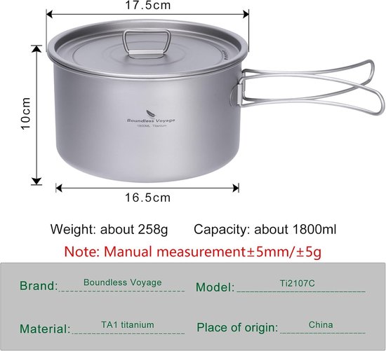 1.8L Camping Kookpot - Lichtgewicht Titanium Kookgerei voor Buiten, Ideaal voor Backpacken en Reizen, Inclusief Soep- en Sauspan — afbeelding 5