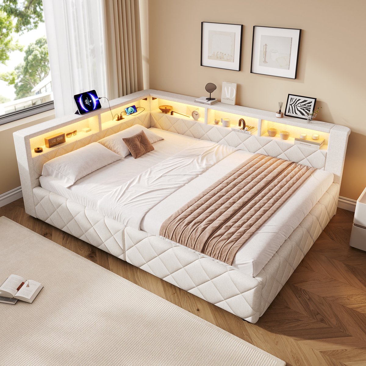 Merax Slaapbank 140 x 200 cm, met opbergruimte, LED-verlichting, USB-poort, zonder matras, linnen, beige
