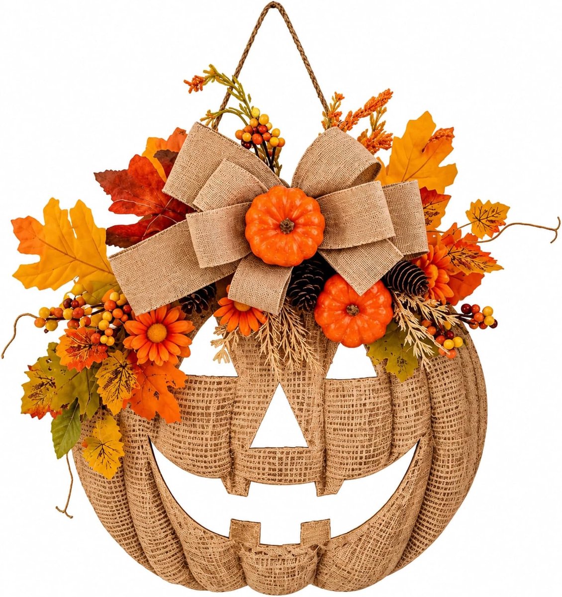 Halloween Deurkrans en Wandkrans – Met Houten Esdoornblad en Pompoen Deurhanger – Halloween Decoratie – 35cm