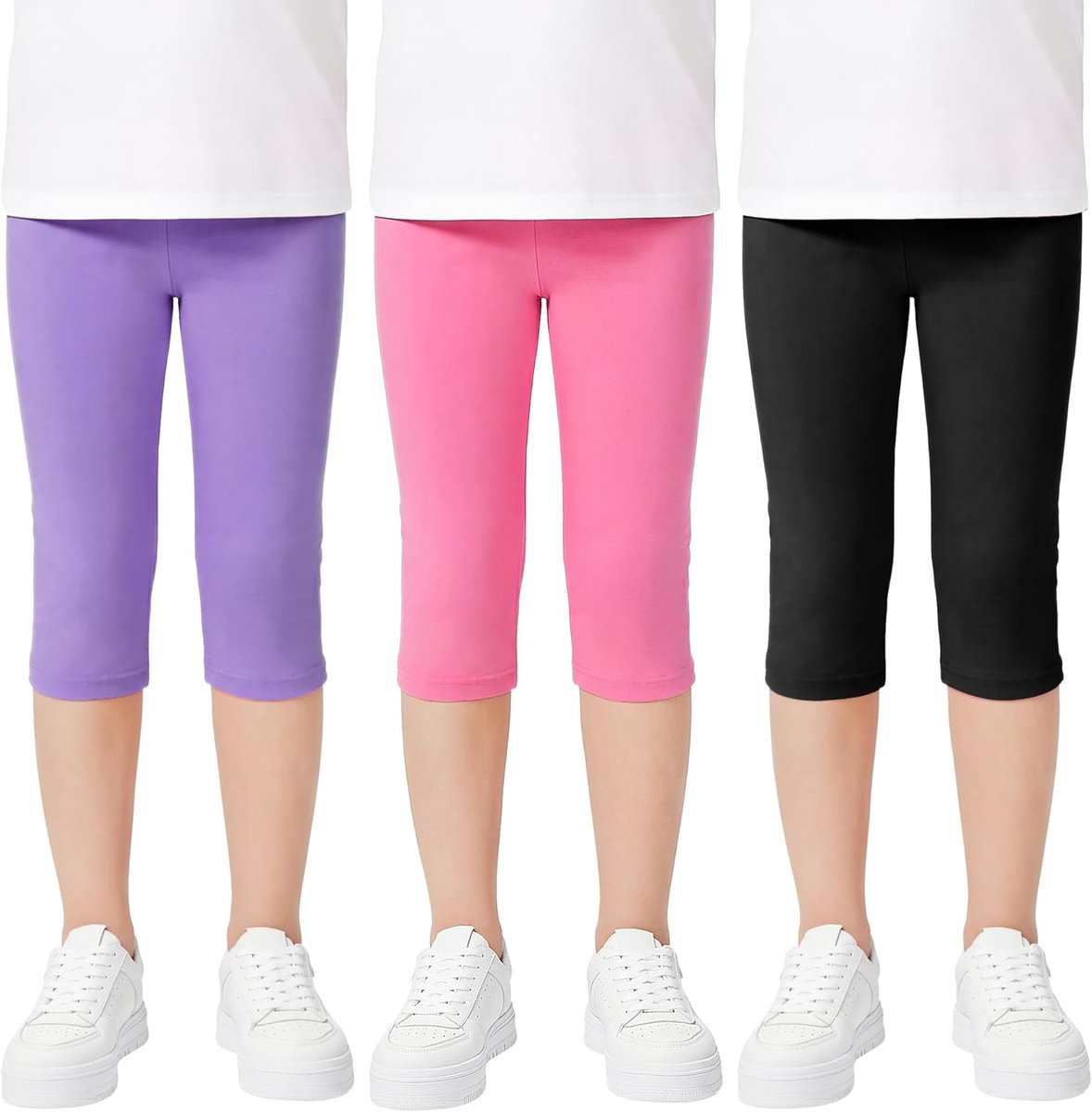 Meisjeslegging 3/4 katoenen capribroek, 3-pack, kinderen Ademende zachte capribroeken Comfortabele zomer Eenkleurige sportleggings Actieve kleding, maat 116-158, 6-13 jaar
