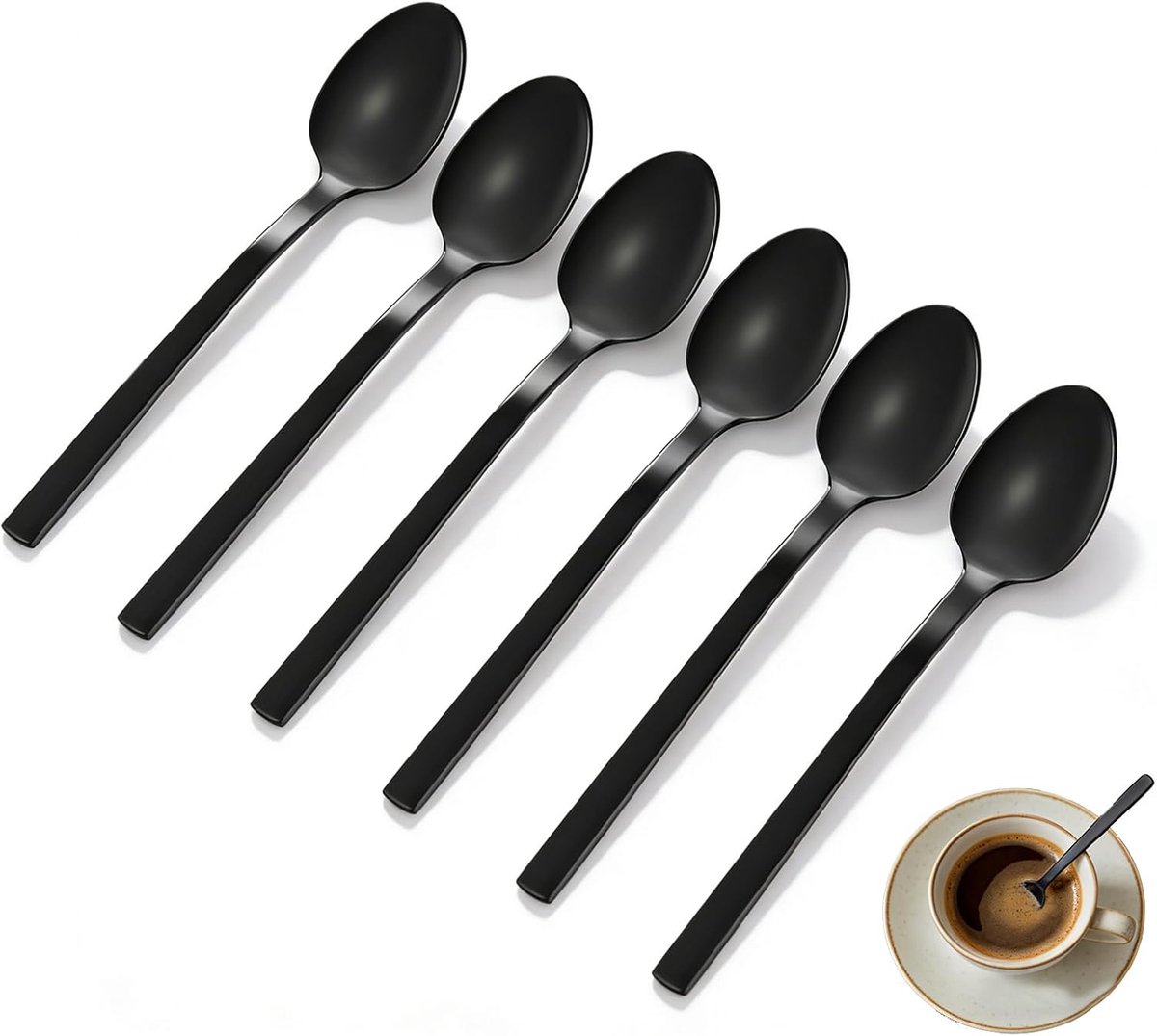 6 theelepels, zwart, titanium geanodiseerd roestvrij staal, multifunctioneel, vaatwasmachinebestendig