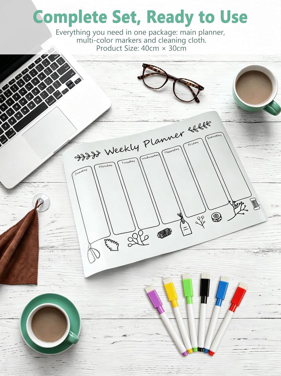 Whiteboard, weekplanner, afwasbaar, met 6 magnetische markers, uurplanner, zelfklevend, voor koelkast, perfect als familieplanner, maaltijdplanner, schoonmaakplanner of to-do-lijst, 40 x 30 — cadeau in Kalenders & Planners - foto 5