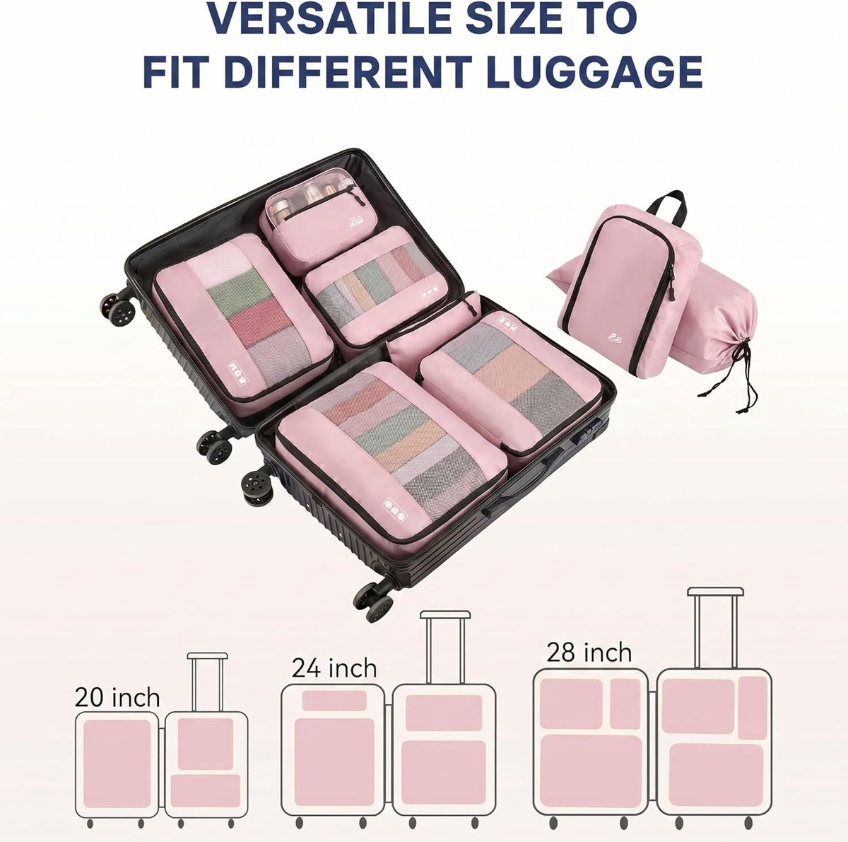 Reisorganizer Set van 8 Stukken voor Koffers, Inclusief Schoenentas en Cosmetica Tas, Ideaal voor Vakanties en Efficiënt Inpakken, Roze
