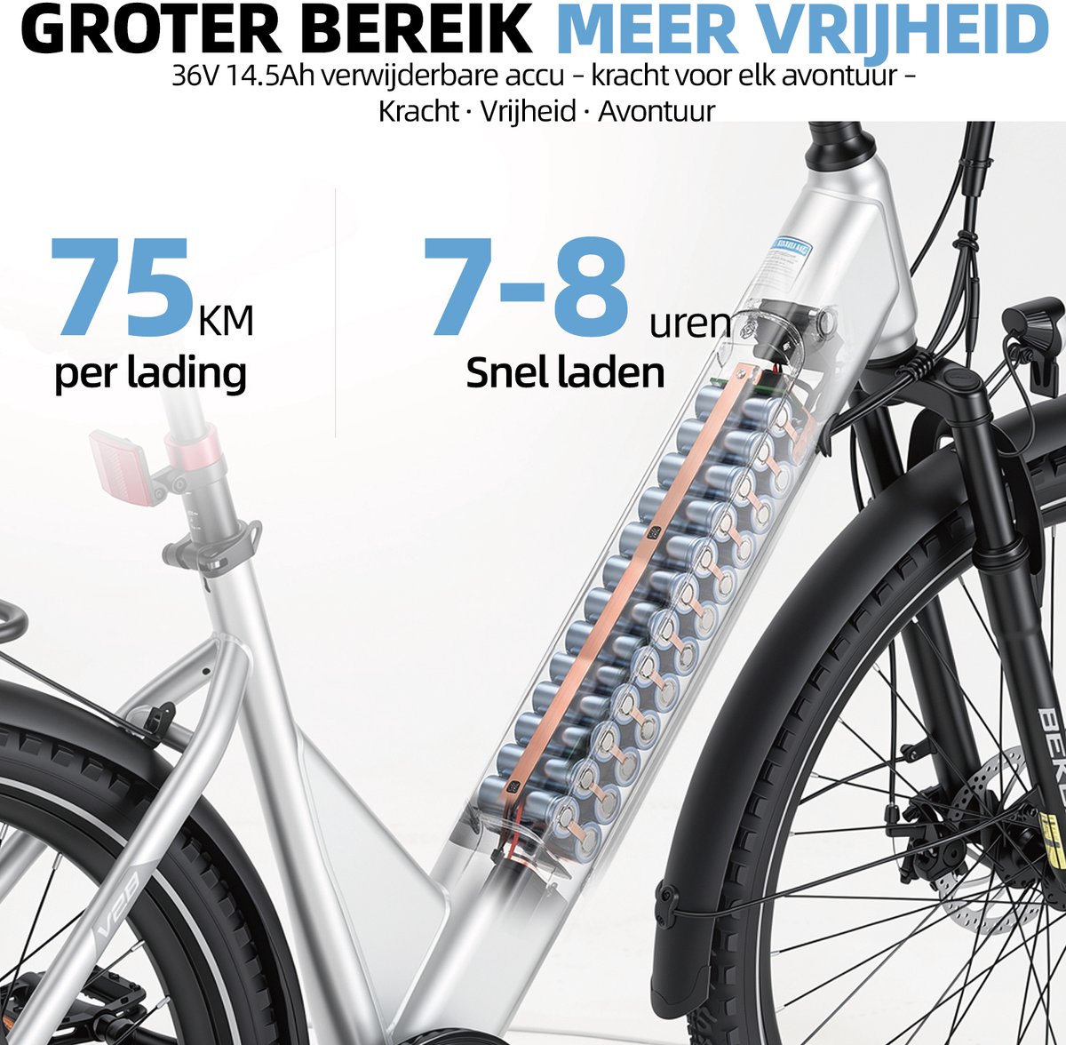 28 inch Elektrische stadsfiets - Comfortabele stadsfiets - 522Wh lange actieradius accu - 250W achterwielmotor - 45Nm koppel - Shimano 7 versnellingen - Schijfremmen voor en achter - LCD-display - Geveerde zadelpen - Zilver – foto 4