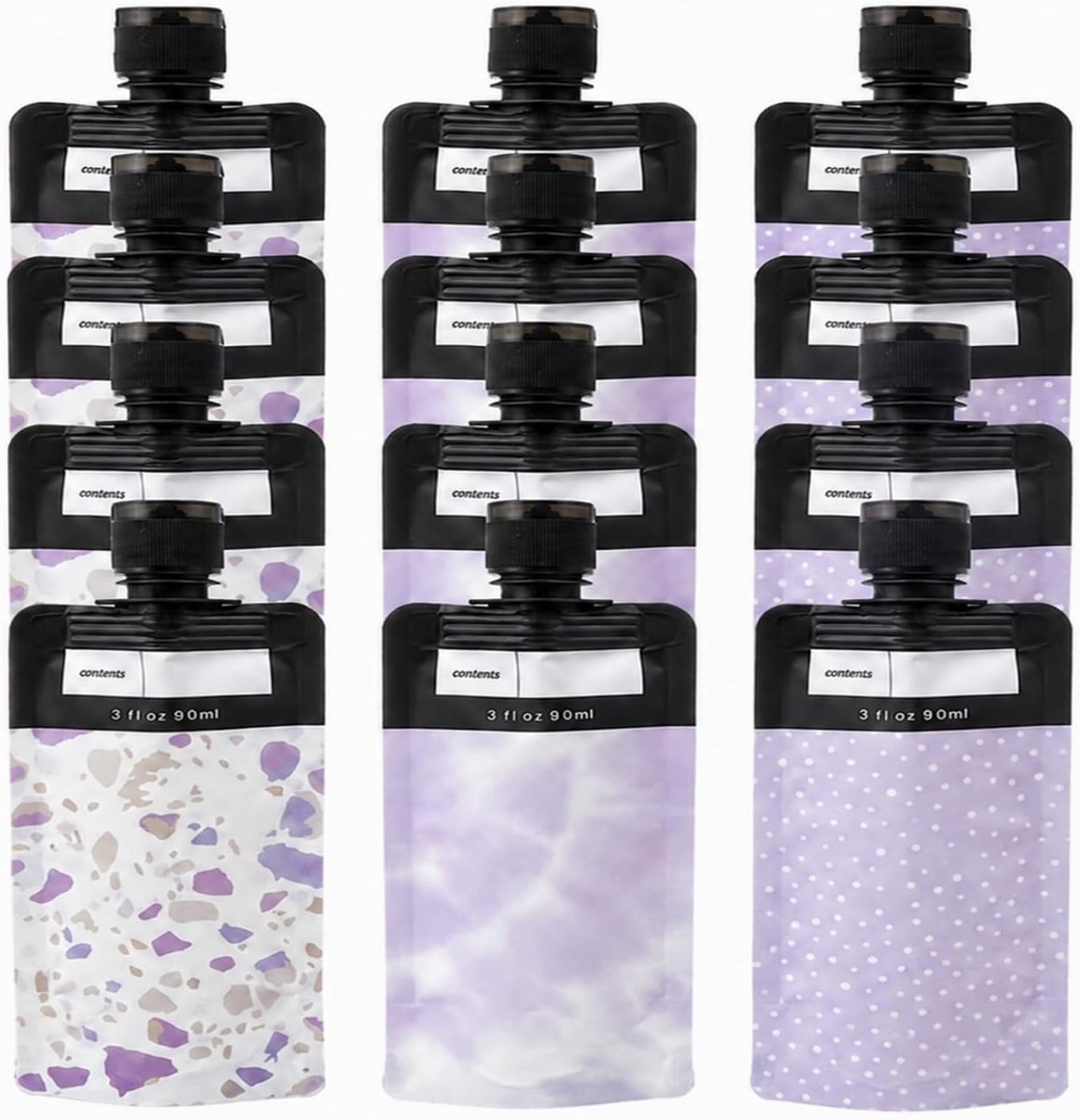 Set van 12 navulbare en lekvrije reisflessen, set voor cosmetica, reisfles en toiletproducten, voor aparte opslag (90 ml/paars)