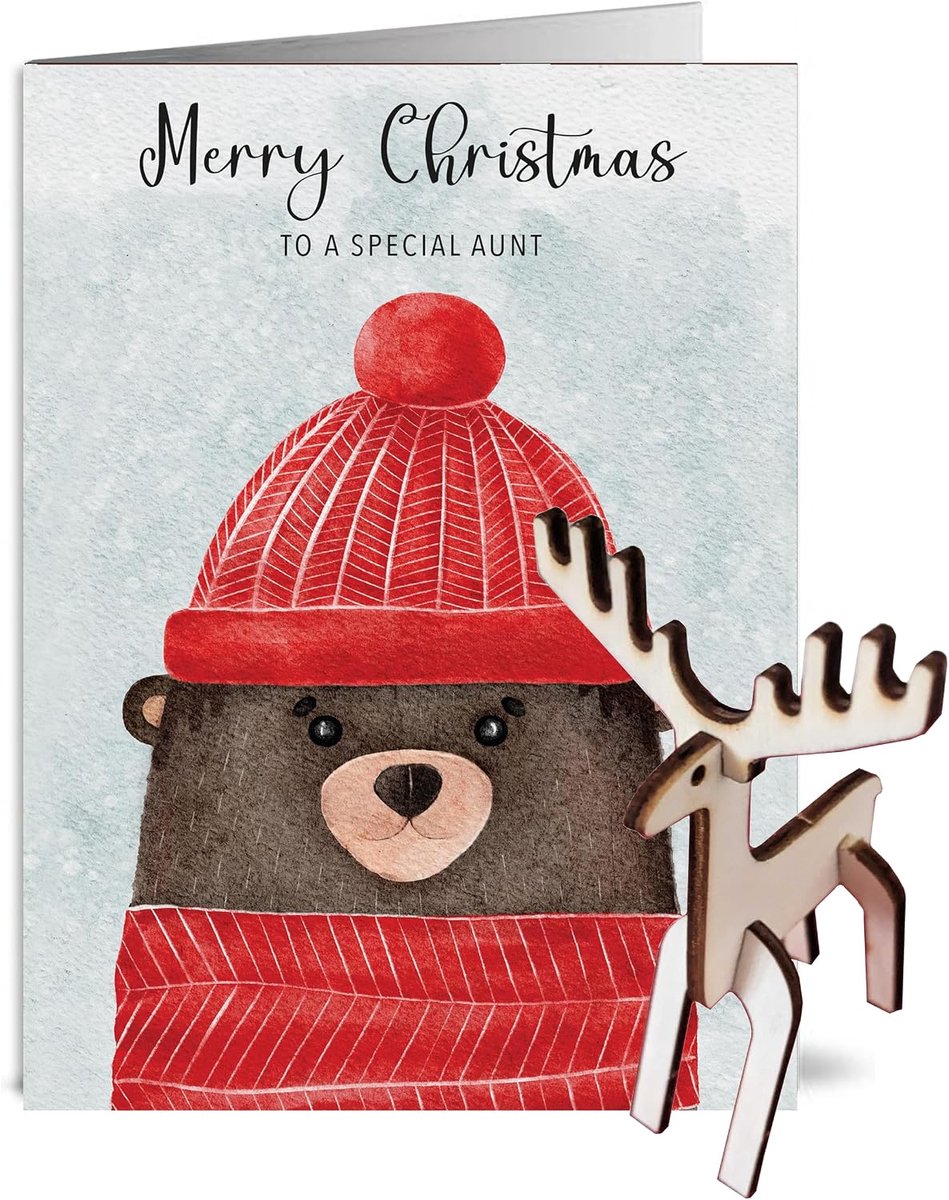 Christmas card for a special aunt - with a nice wooden reindeer decoration (Bear) - ShopVlot