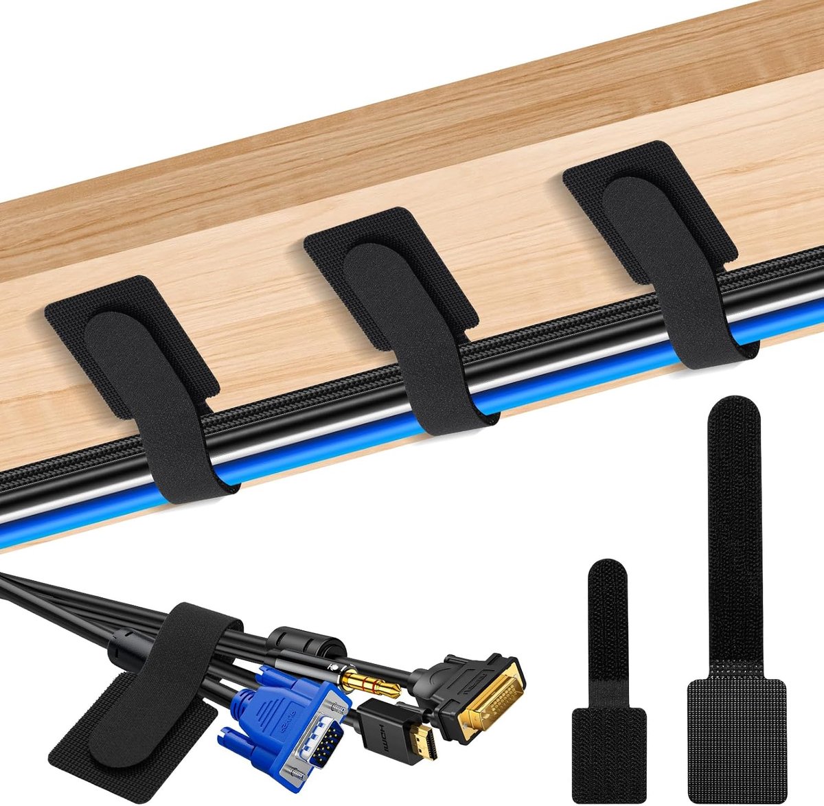 60 Pcs Under Desk Cable Management Self Adhesive Cable Ties Cable Holder Reusable Cable Organizer for Desk Bedside - ShopVlot