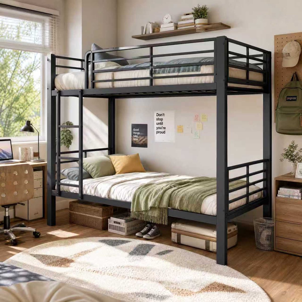 DESMIU Stapelbed 140x200 cm – Geluidarm Metalen Bedframe – Tot 400 kg Belastbaar – Met Uitvalbeveiliging – Volwassenen – Zwart – Zonder Matras