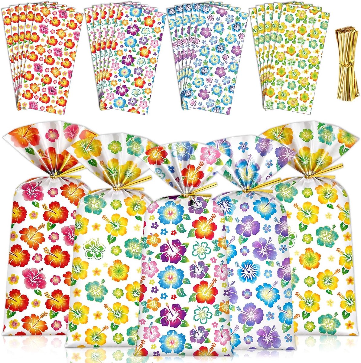 DPKOW 100 stuks hibiscusbloemen, cellofaanzakjes, Hawaii party, geschenkzakjes, zomerfeest, koekjeszakjes - ShopVlot