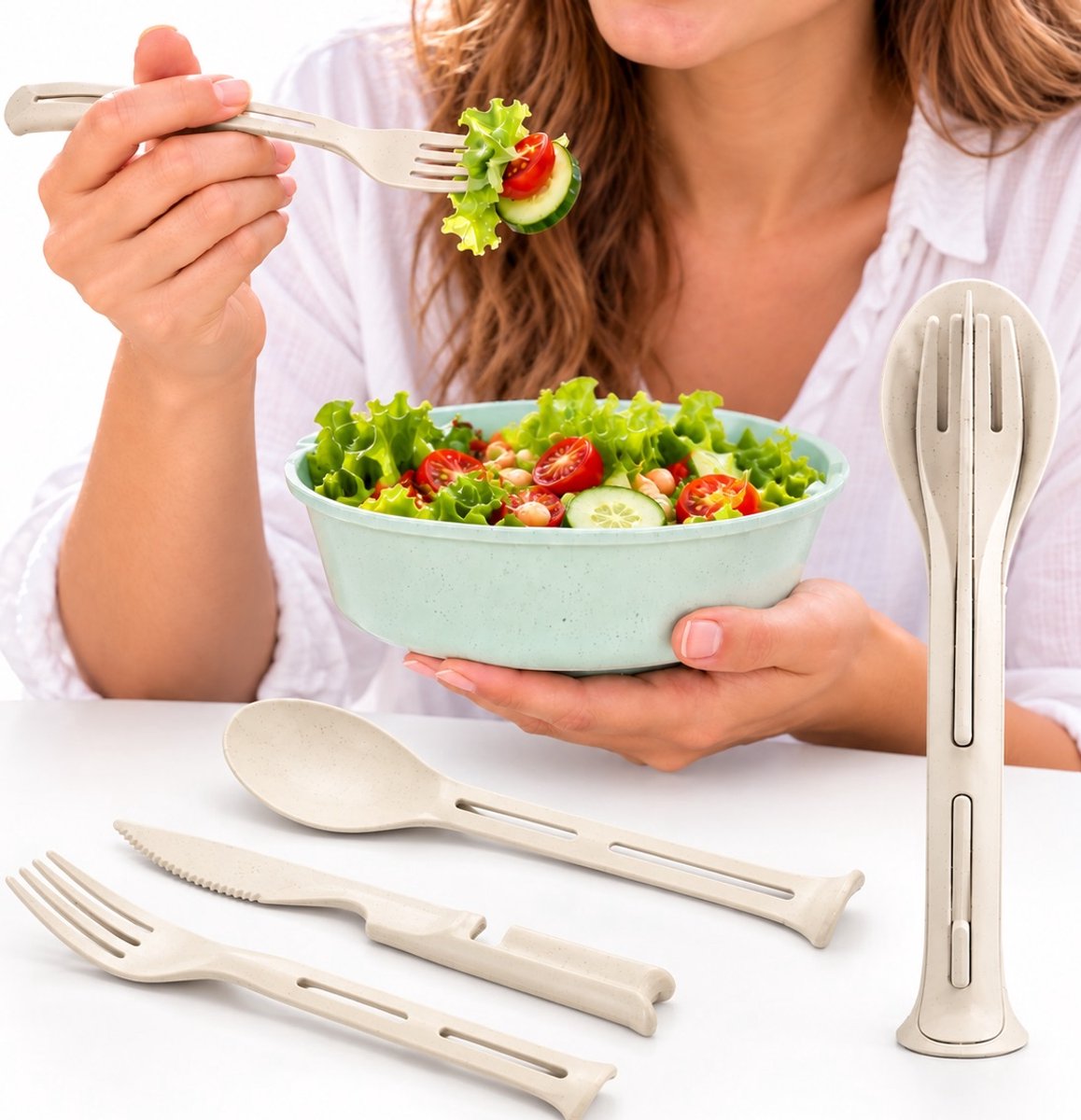3-delige Bestekset Beige – Mes Vork en Lepel – Tarwestro & Kunststof – Herbruikbaar Kinderbestek – Camping Picknick Lunchbox Reisbestek