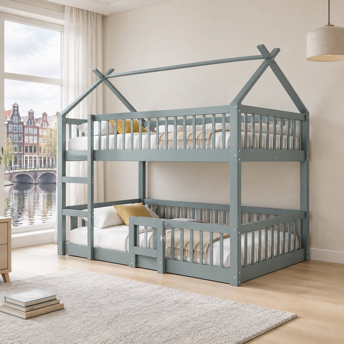 WUVRIE Hoog laag bed 140x200 cm met trap, veiligheidshekken en deur, grijs