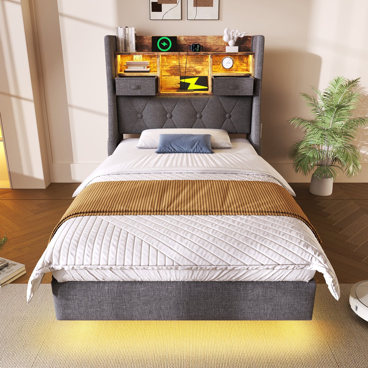 WUVRIE Gestoffeerd eenpersoonsbed 90x200 cm met matras, LED, USB/USB-C-laadstation en opbergend hoofdbord, grijs