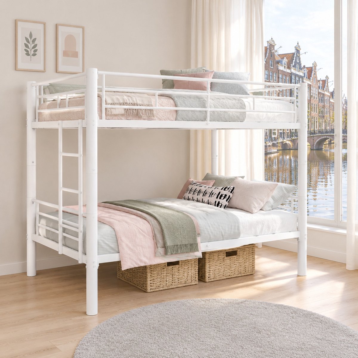 WUVRIE Metalen stapelbed met onderbed 90x190 cm, ladder en veiligheidshekken, omvormbaar, wit