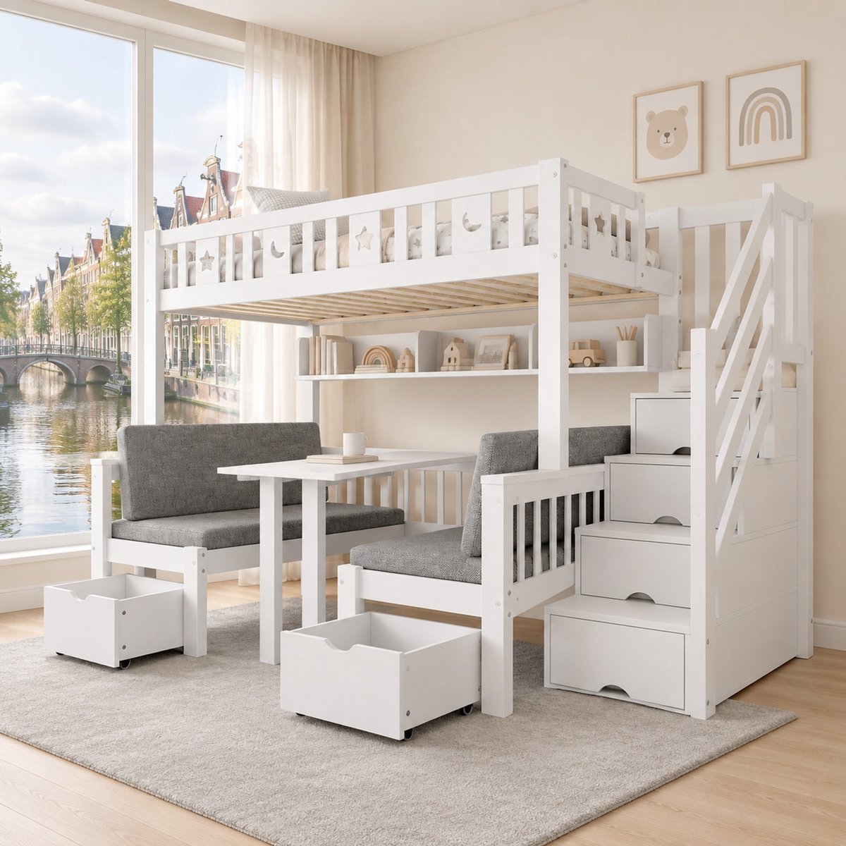 WUVRIE Hoogslaper 90x200 cm met inklapbaar bureau, opbergtrap en uitvalbeveiliging, wit