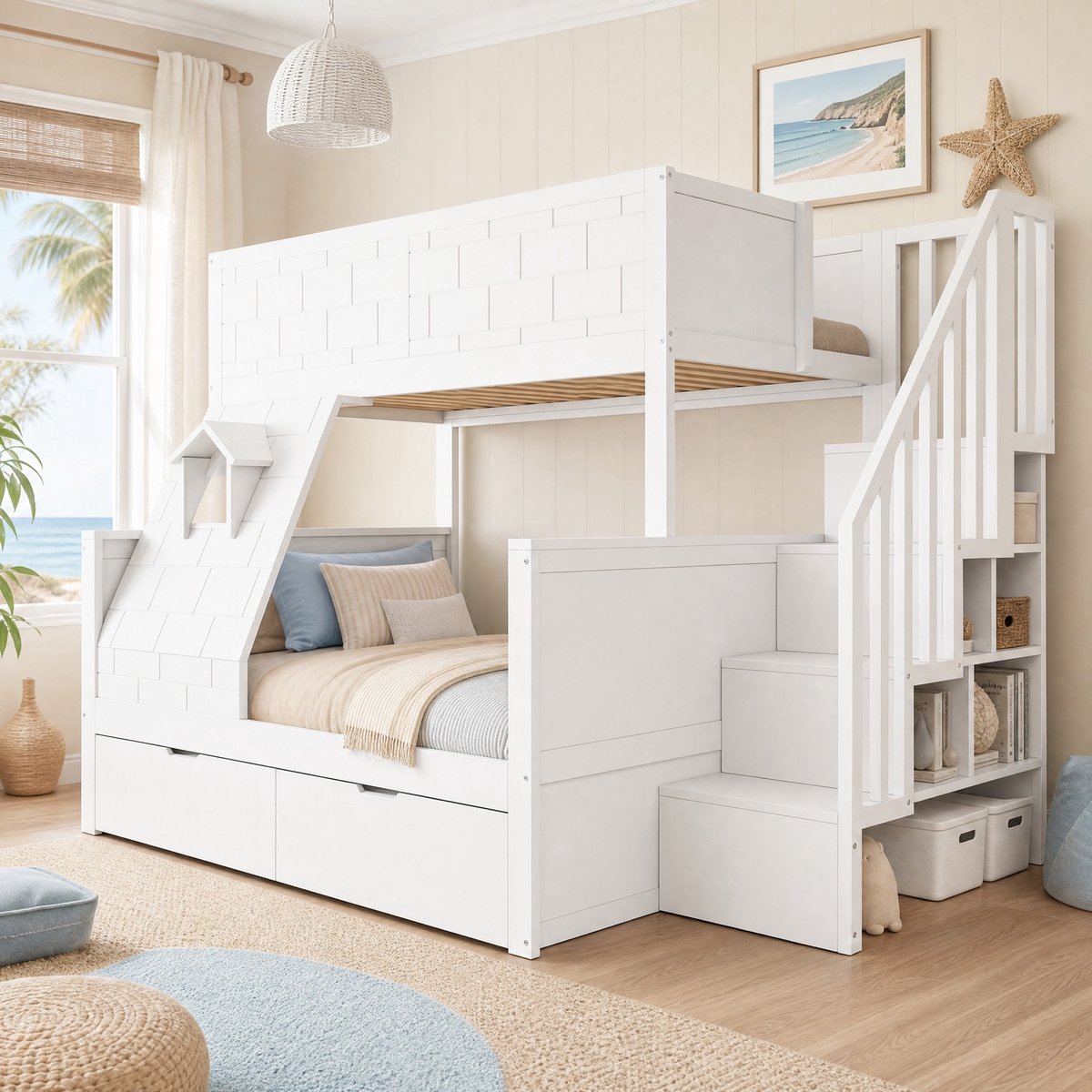 WUVRIE Kinderstapelbed 90x200 en 140x200 cm met opbergtrap, 2 lades en raam, wit