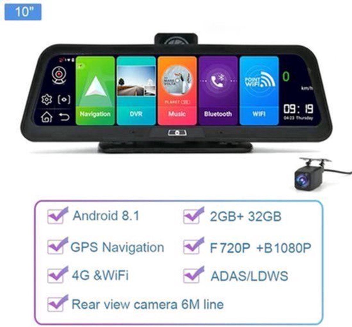 Dashcam voor Auto - 10” Android 8.1 Dashcam - IPS Touchscreen - ADAS Rijhulp - GPS Navigatie - WiFi - Dual Camera 1080P - Parkeermodus - G-Sensor - 4G 6m Camera aan de Achterkant - Zwart