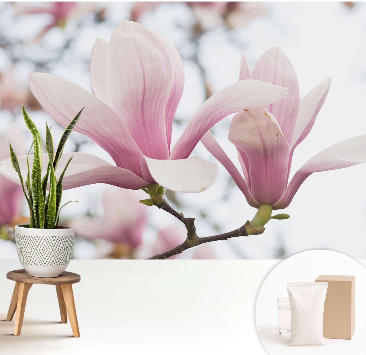 Wallfluent Fotobehang - Roze Vliesbehang - 208x146 cm - Magnolia Bloemen Fotobehang Vlies - Hal behang Bloemen En Planten - Muurschildering - Hal behang