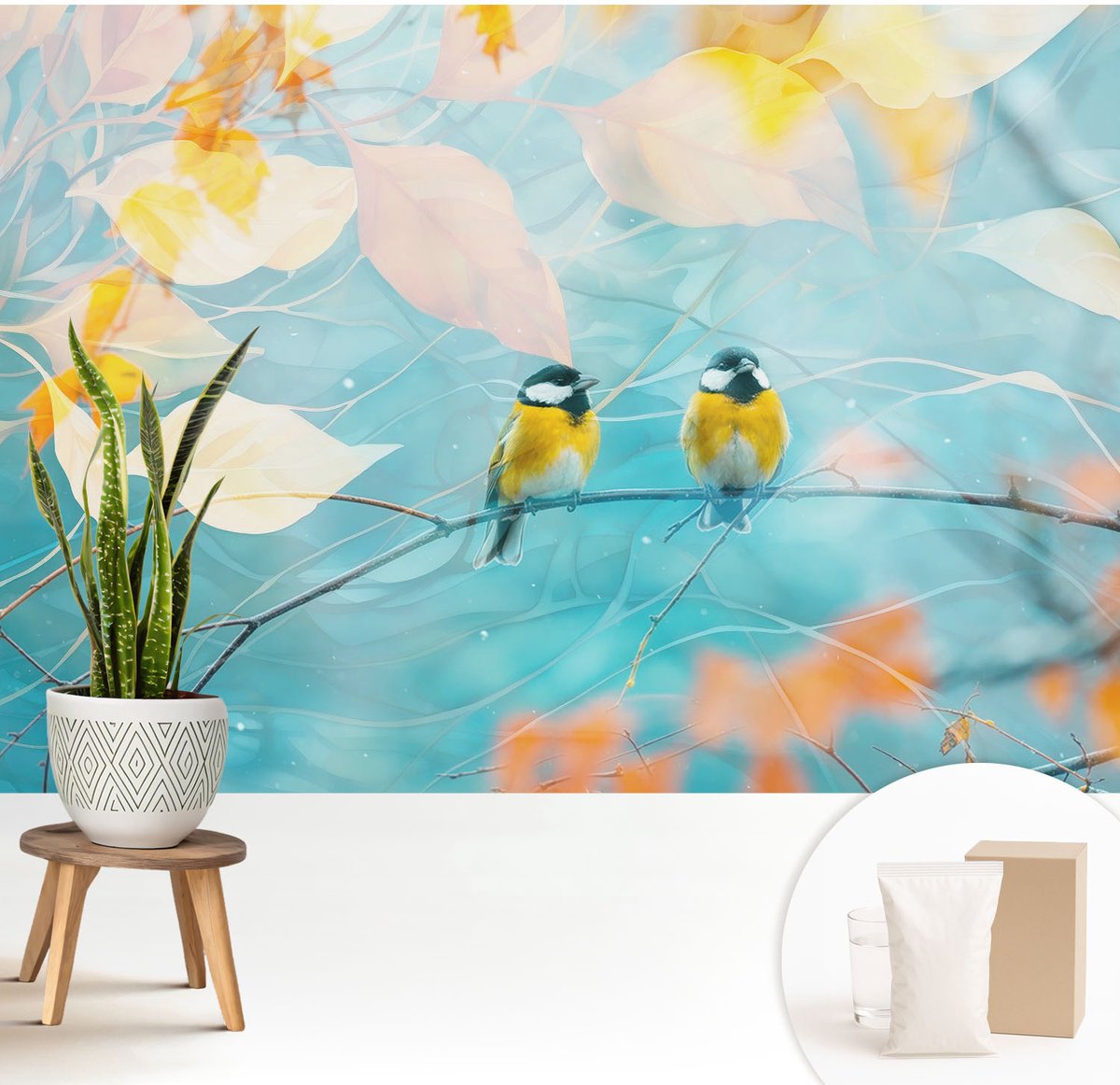 Wallfluent Fotobehang - Blauw Vliesbehang - 208x146 cm - Lente Vogels Fotobehang Vlies - Woonkamer behang Dieren - Muurschildering - Woonkamer behang