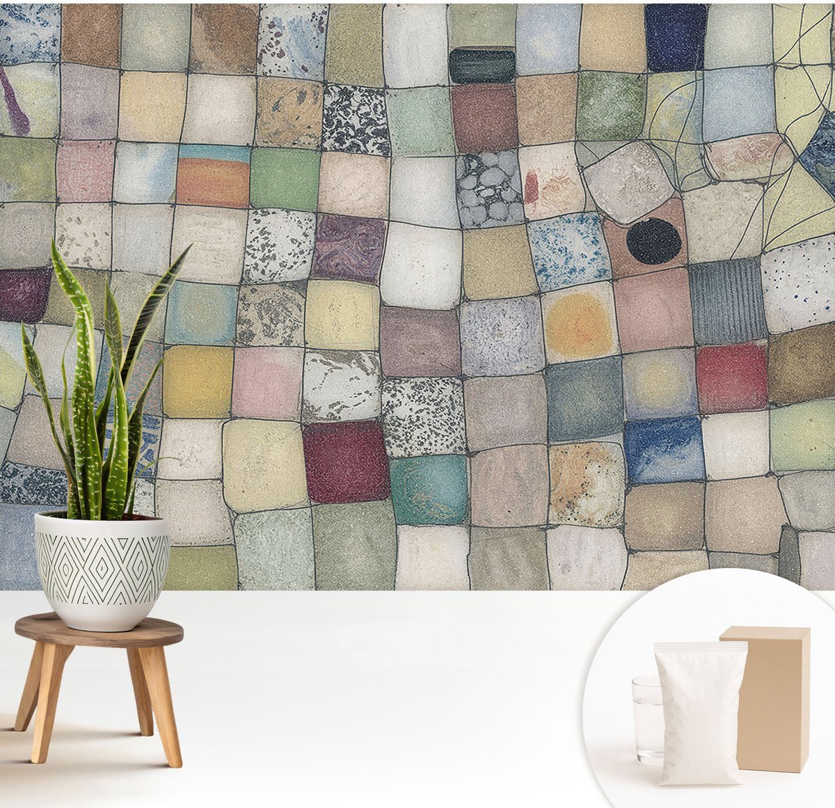 Wallfluent Fotobehang - Grijs Vliesbehang - 208x146 cm - Kleurrijk Mozaïek Muurschildering - Gang behang Achtergronden En Patronen - Fotobehang Vlies - Gang behang