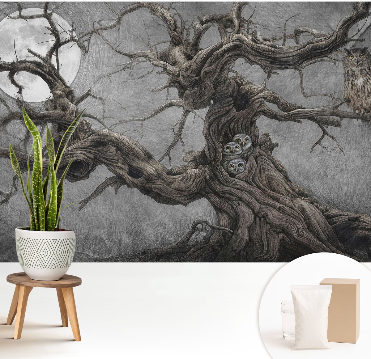 Wallfluent Fotobehang - Grijs Vliesbehang - 208x146 cm - Mysterieuze Uil Fotobehang Vlies - Woonkamer behang Dieren - Muurschildering - Woonkamer behang